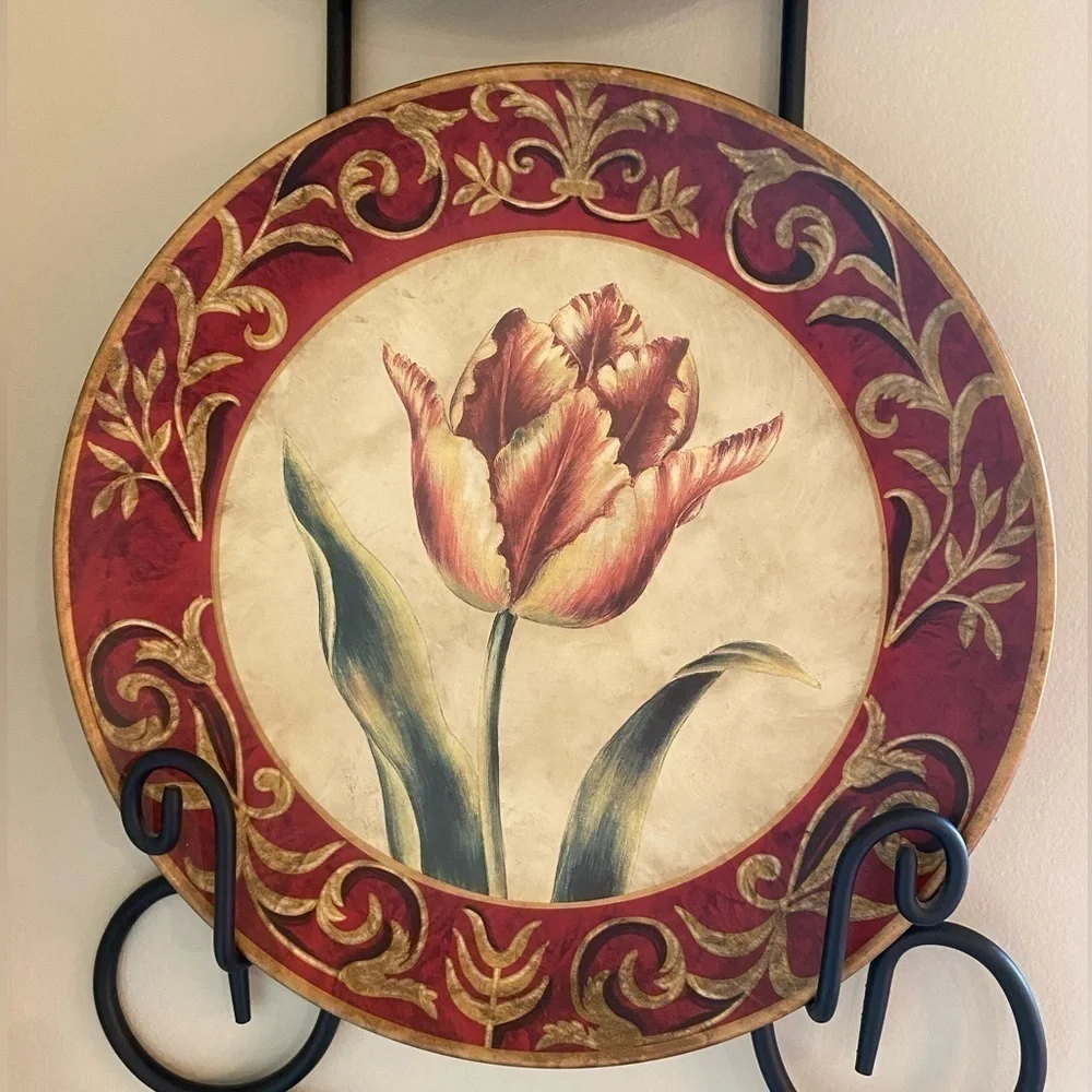 2 VINTAGE CERAMIC POTTERY PLATES~REDS FLOWER~RED & GOLD ORNATE TRIM~NICE~CHCBT